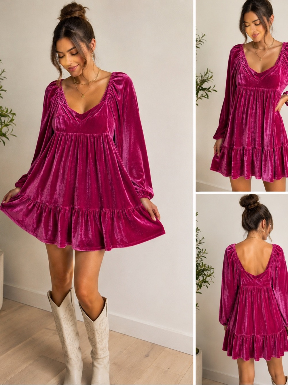 Laura Romantic Mini Dress Velvet V-Neck Babydoll Fuchsia Pink Peasant Girly